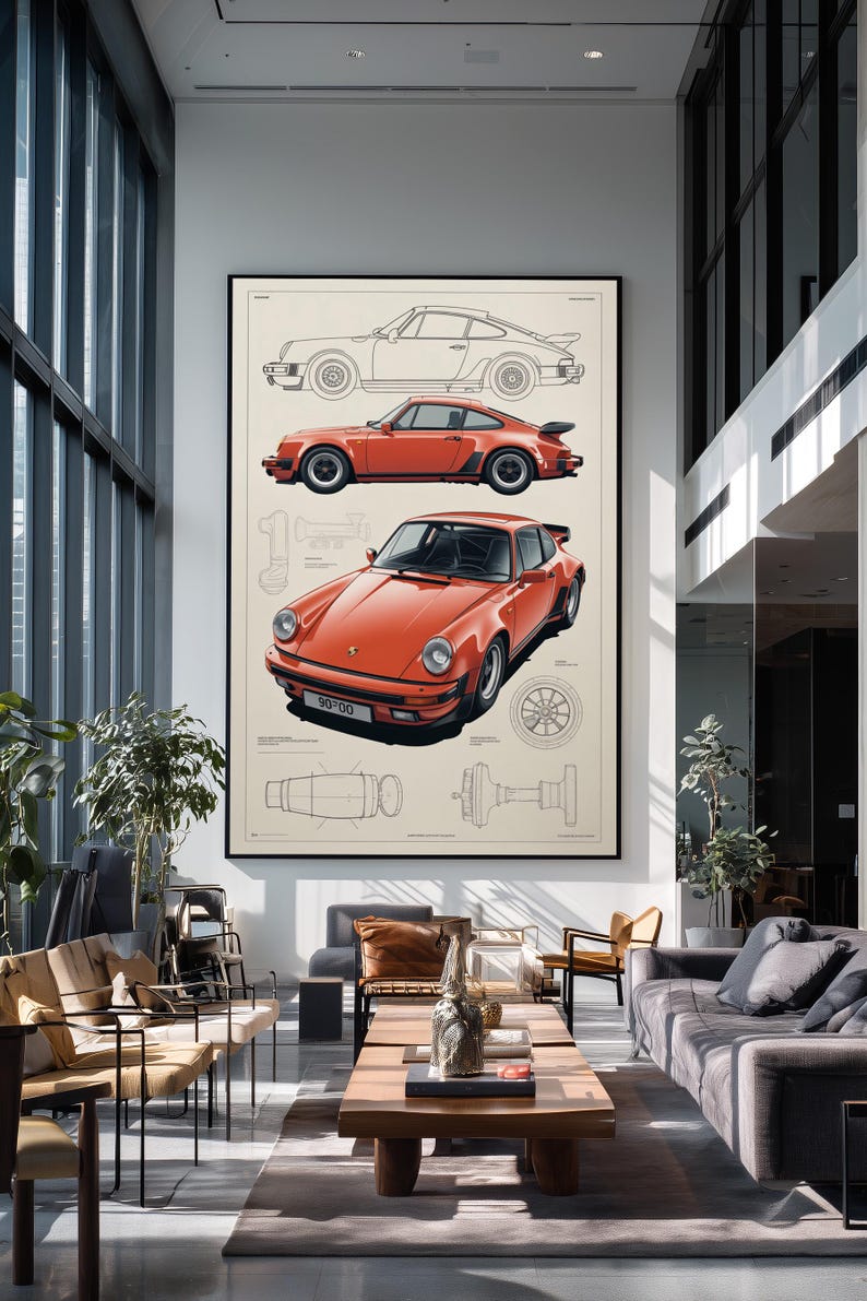 May include: A large framed wall art print featuring a technical blueprint style illustration of an orange sports car. The artwork displays a side profile line drawing, a side view in orange, and a front three-quarter view of the same vehicle.