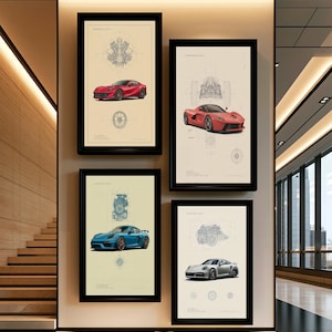 Puede incluir: Cuatro l&aacute;minas de arte mural enmarcadas con ilustraciones t&eacute;cnicas de autom&oacute;viles. Cada l&aacute;mina muestra un diagrama mec&aacute;nico detallado de un motor sobre un coche deportivo de color, incluyendo veh&iacute;culos rojos, azules y plateados, con texto.