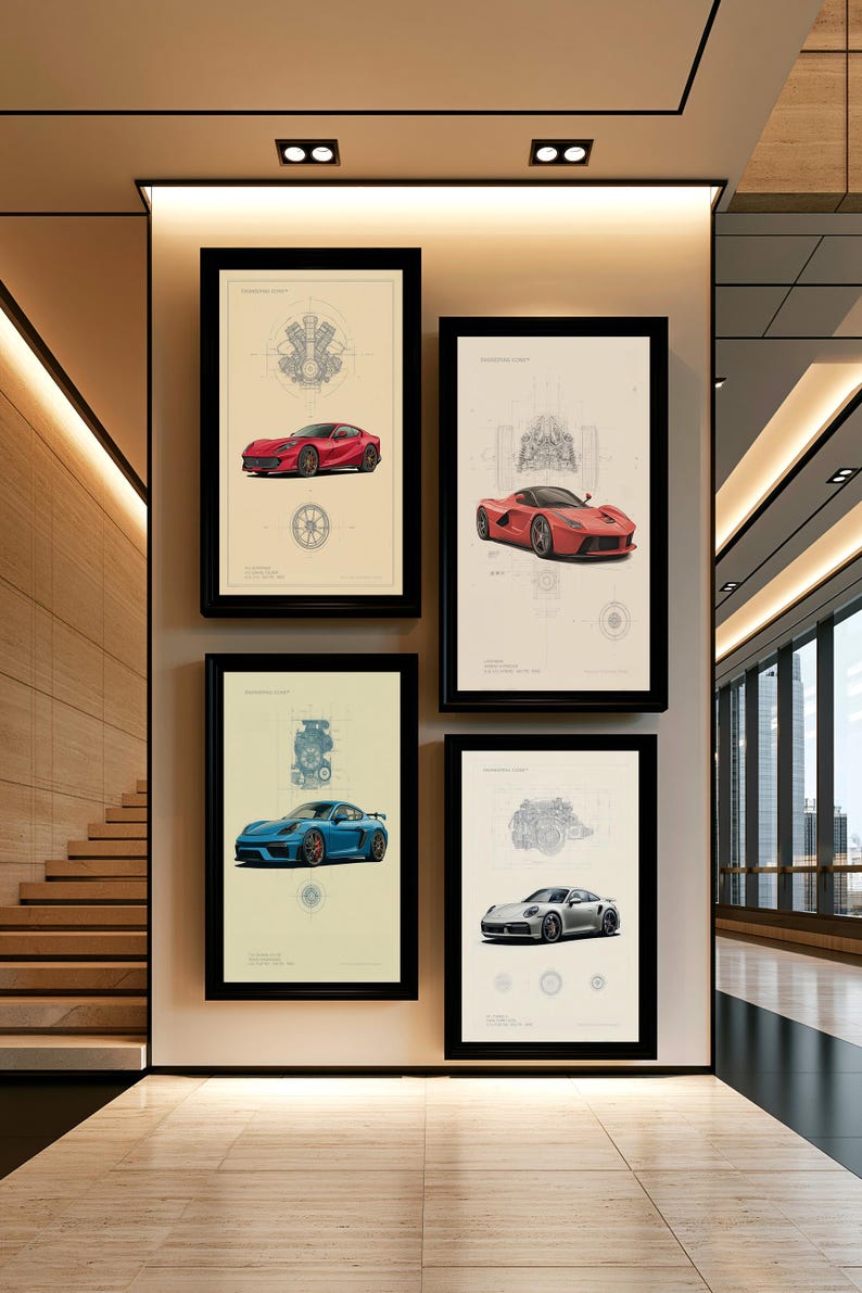 Puede incluir: Cuatro l&aacute;minas de arte mural enmarcadas con ilustraciones t&eacute;cnicas de autom&oacute;viles. Cada l&aacute;mina muestra un diagrama mec&aacute;nico detallado de un motor sobre un coche deportivo de color, incluyendo veh&iacute;culos rojos, azules y plateados, con texto.