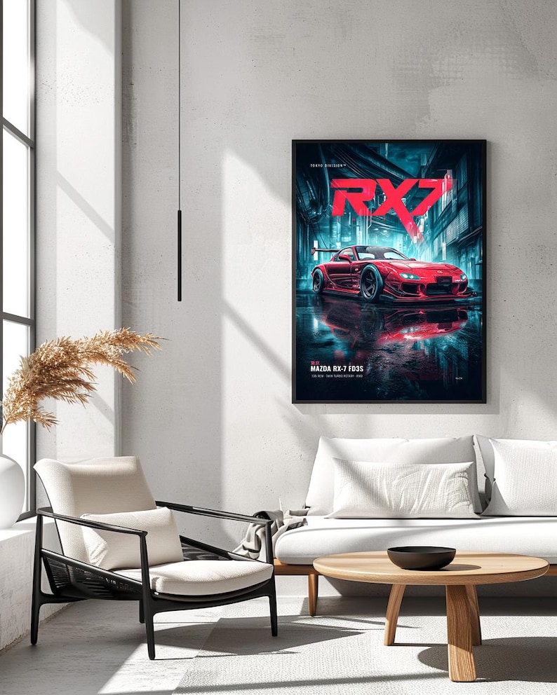 May include: A framed vertical wall art print featuring a red Mazda RX-7 FD3S sports car parked in a dark, neon-lit urban street. The text RX7 is displayed in large red letters at the top, with MAZDA RX-7 FD3S printed in white at the bottom.