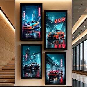 Peut inclure: Quatre cadres muraux rectangulaires affichés sur un mur clair. Chaque impression présente une voiture de sport différente dans un décor urbain nocturne avec des néons, une chaussée humide et des caractères japonais intégrés aux scènes.