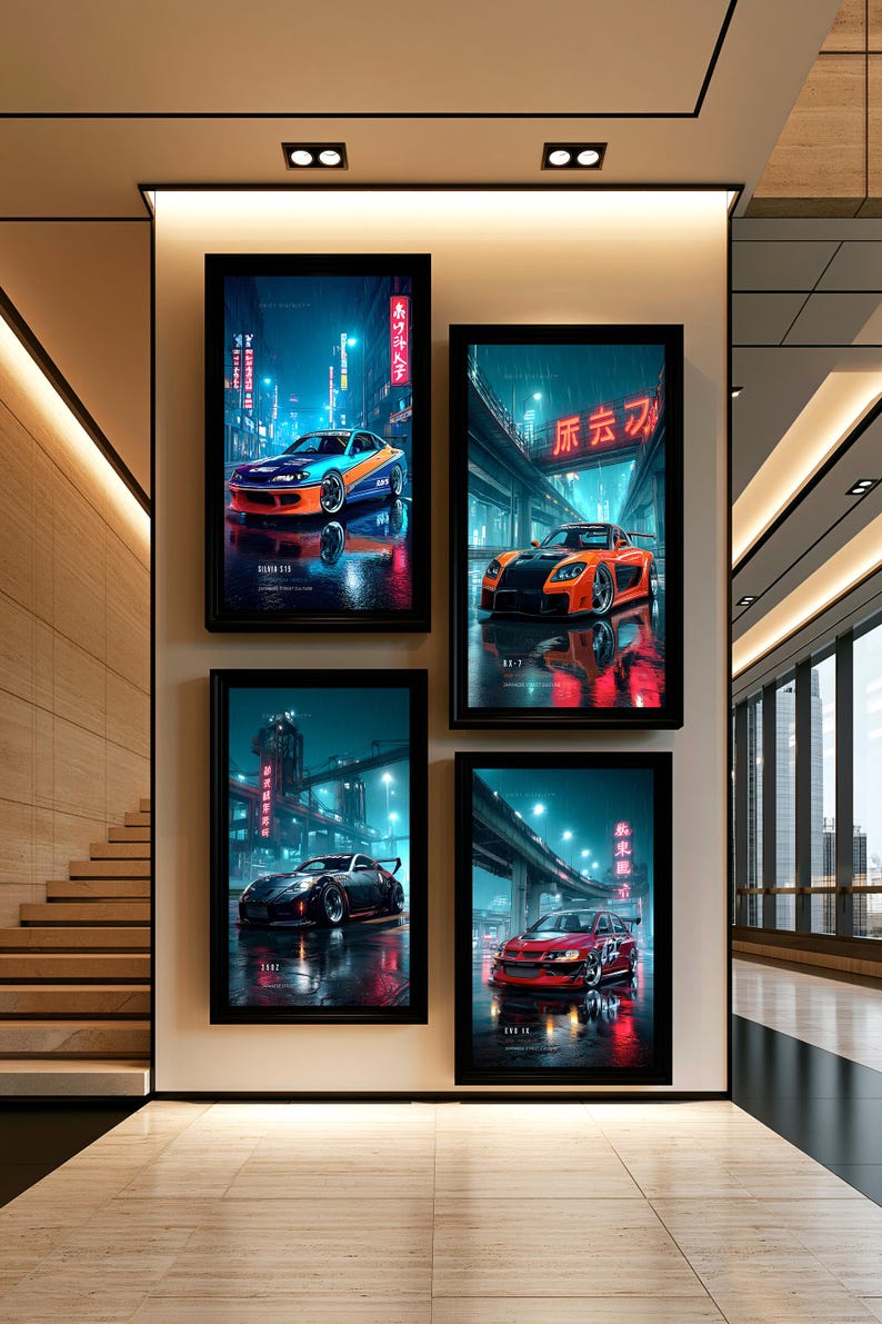 May include: Four rectangular framed wall art prints displayed on a light-colored wall. Each print features a different sports car in a nighttime urban setting with neon lights, wet pavement, and Japanese text characters integrated into the scenes.