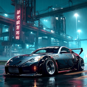 May include: A black Nissan 350Z sports car with a rear wing and custom side graphics parked on a wet surface at night. The background features an industrial structure with red neon text. The text 350Z, 2003 NISSAN, and JAPANESE STREET CULTURE is visible.