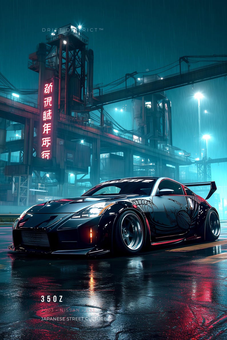 May include: A black Nissan 350Z sports car with a rear wing and custom side graphics parked on a wet surface at night. The background features an industrial structure with red neon text. The text 350Z, 2003 NISSAN, and JAPANESE STREET CULTURE is visible.