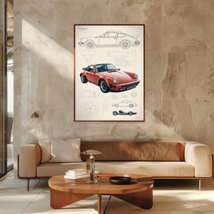 May include: A framed wall art print featuring a red Porsche 911 sports car illustration. The artwork includes a detailed side profile line drawing, a three-quarter view of the red car, and technical diagrams of wheels and engine components.