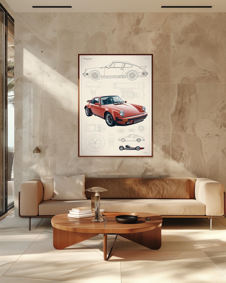 May include: A framed wall art print featuring a red Porsche 911 sports car illustration. The artwork includes a detailed side profile line drawing, a three-quarter view of the red car, and technical diagrams of wheels and engine components.