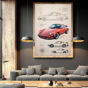 Puede incluir: Una impresi&oacute;n art&iacute;stica enmarcada que presenta una ilustraci&oacute;n al estilo de plano t&eacute;cnico de un coche deportivo rojo. La obra muestra el veh&iacute;culo desde m&uacute;ltiples &aacute;ngulos, incluyendo perfiles laterales y una vista de tres cuartos, junto a diagramas mec&aacute;nicos.