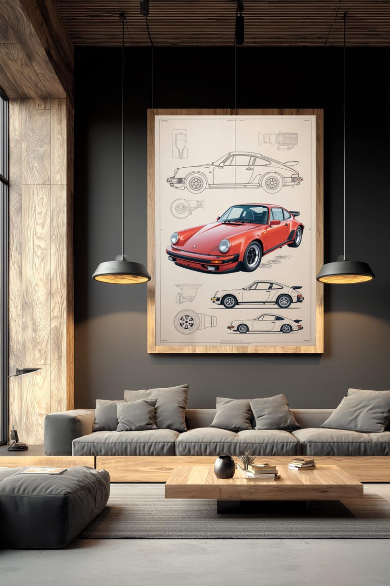 Puede incluir: Una impresi&oacute;n art&iacute;stica enmarcada que presenta una ilustraci&oacute;n al estilo de plano t&eacute;cnico de un coche deportivo rojo. La obra muestra el veh&iacute;culo desde m&uacute;ltiples &aacute;ngulos, incluyendo perfiles laterales y una vista de tres cuartos, junto a diagramas mec&aacute;nicos.
