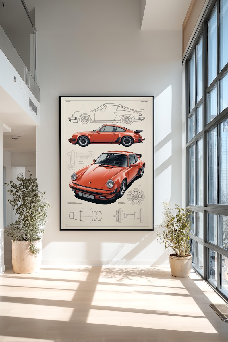May include: A framed wall art print featuring a technical illustration of a red sports car. The poster displays a side profile line drawing, a side view of the red car, a front three-quarter view, and mechanical diagrams of wheels and parts.