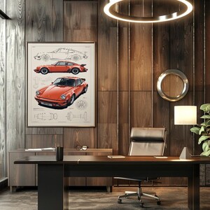 May include: A framed wall art print featuring technical line drawings and a detailed illustration of an orange sports car. The artwork displays multiple views of the vehicle, including side and front perspectives, set against a light background.