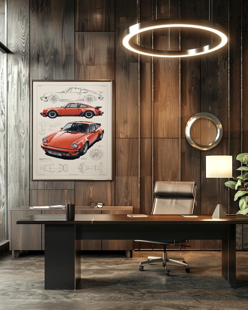 May include: A framed wall art print featuring technical line drawings and a detailed illustration of an orange sports car. The artwork displays multiple views of the vehicle, including side and front perspectives, set against a light background.