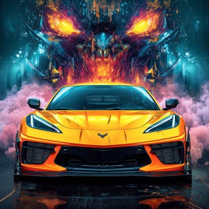 May include: A bright yellow Chevrolet Corvette C8 Z06 2023 sports car positioned in front of a fiery, abstract background with pink smoke. The text APEX ICONS, CHEVROLET CORVETTE C8 Z06, and 2023 is printed in white at the bottom of the image.