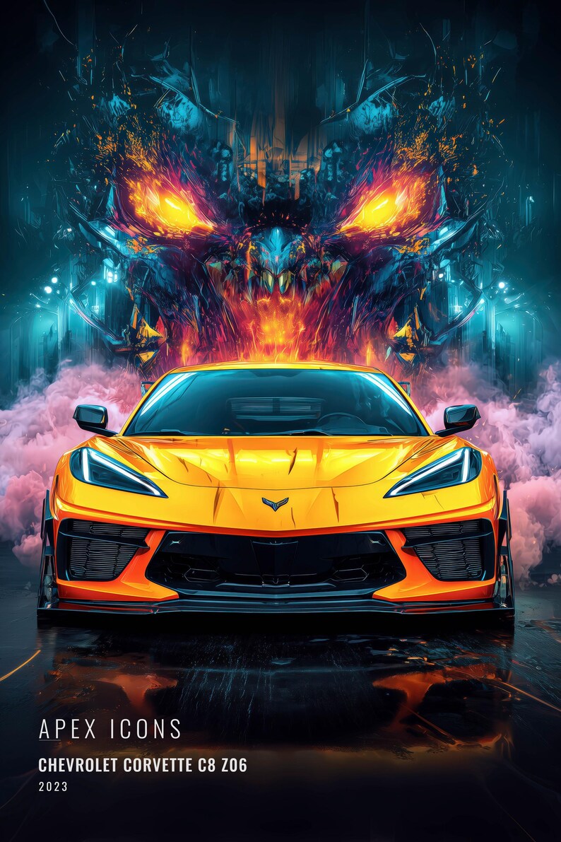 May include: A bright yellow Chevrolet Corvette C8 Z06 2023 sports car positioned in front of a fiery, abstract background with pink smoke. The text APEX ICONS, CHEVROLET CORVETTE C8 Z06, and 2023 is printed in white at the bottom of the image.