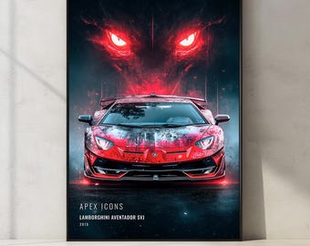 May include: A framed vertical poster featuring a red Lamborghini Aventador SVJ 2019. Above the car, a glowing red abstract creature face emerges from dark smoke. The text reads APEX ICONS, LAMBORGHINI AVENTADOR SVJ, and 2019 at the bottom.