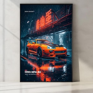 Toyota Supra MK4 affisch utskrivbar, JDM bilväggkonst, Tokyo Neon Street Racing-tryck, spelrumsgaragedekor, bilpresent till honom