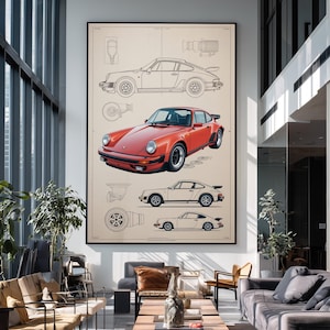 Puede incluir: Un gran cuadro enmarcado con una ilustraci&oacute;n de estilo plano t&eacute;cnico de un coche deportivo rojo. La obra muestra un coche rojo detallado en el centro, rodeado de dibujos lineales en blanco y negro del perfil del veh&iacute;culo y sus componentes.