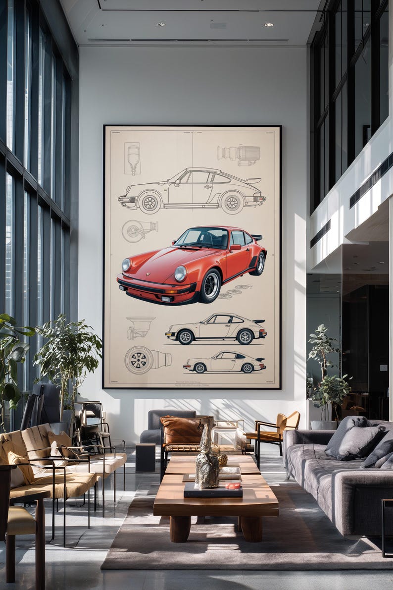 Puede incluir: Un gran cuadro enmarcado con una ilustraci&oacute;n de estilo plano t&eacute;cnico de un coche deportivo rojo. La obra muestra un coche rojo detallado en el centro, rodeado de dibujos lineales en blanco y negro del perfil del veh&iacute;culo y sus componentes.