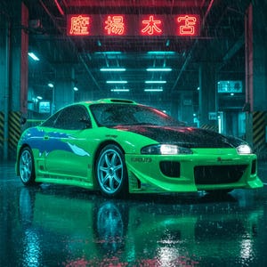 May include: A bright green Mitsubishi Eclipse GS-T with a black hood and blue side graphics parked in a rainy parking garage. The scene features red neon Japanese text, silver multi-spoke wheels, and the text UNDERGROUND ICONS and MITSUBISHI ECLIPSE GS-T.