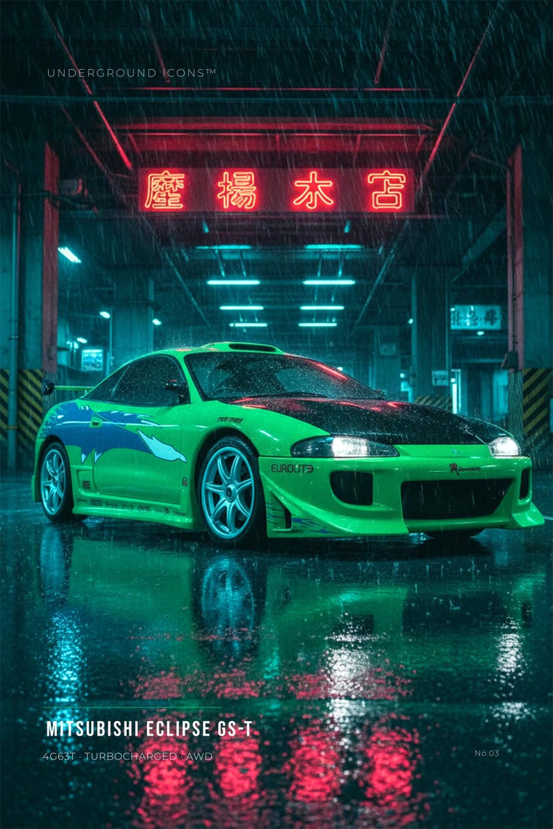 May include: A bright green Mitsubishi Eclipse GS-T with a black hood and blue side graphics parked in a rainy parking garage. The scene features red neon Japanese text, silver multi-spoke wheels, and the text UNDERGROUND ICONS and MITSUBISHI ECLIPSE GS-T.