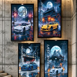 May include: Four vertical rectangular wall art prints featuring sports cars in night settings under full moons. The prints display the text Last Crossing, After Hours, Night Wash, and Last Fuel alongside white, yellow, blue, and white sports cars.