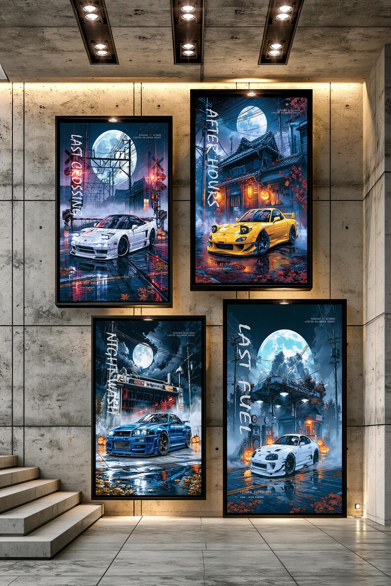 May include: Four vertical rectangular wall art prints featuring sports cars in night settings under full moons. The prints display the text Last Crossing, After Hours, Night Wash, and Last Fuel alongside white, yellow, blue, and white sports cars.