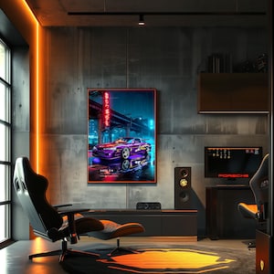 May include: A rectangular wall art print featuring a purple sports car parked under a bridge at night with glowing red neon signs and Japanese text. The artwork displays a vibrant urban scene with reflections on a wet surface, framed in a thin black border.