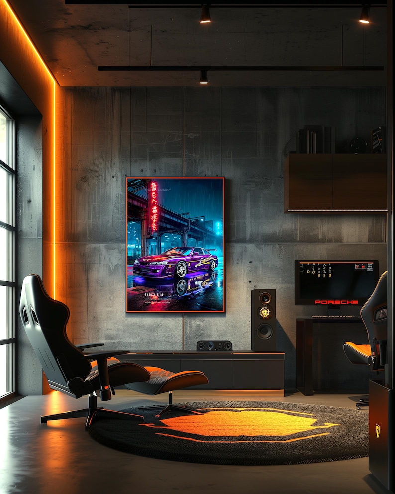 May include: A rectangular wall art print featuring a purple sports car parked under a bridge at night with glowing red neon signs and Japanese text. The artwork displays a vibrant urban scene with reflections on a wet surface, framed in a thin black border.