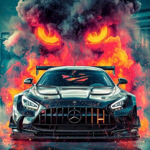 May include: A black Mercedes-AMG GT Black Series sports car centered in front of a large, fiery explosion with glowing orange eyes emerging from the smoke. The text APEX ICONS, MERCEDES-AMG GT BLACK SERIES, and 2021 appear at the bottom.