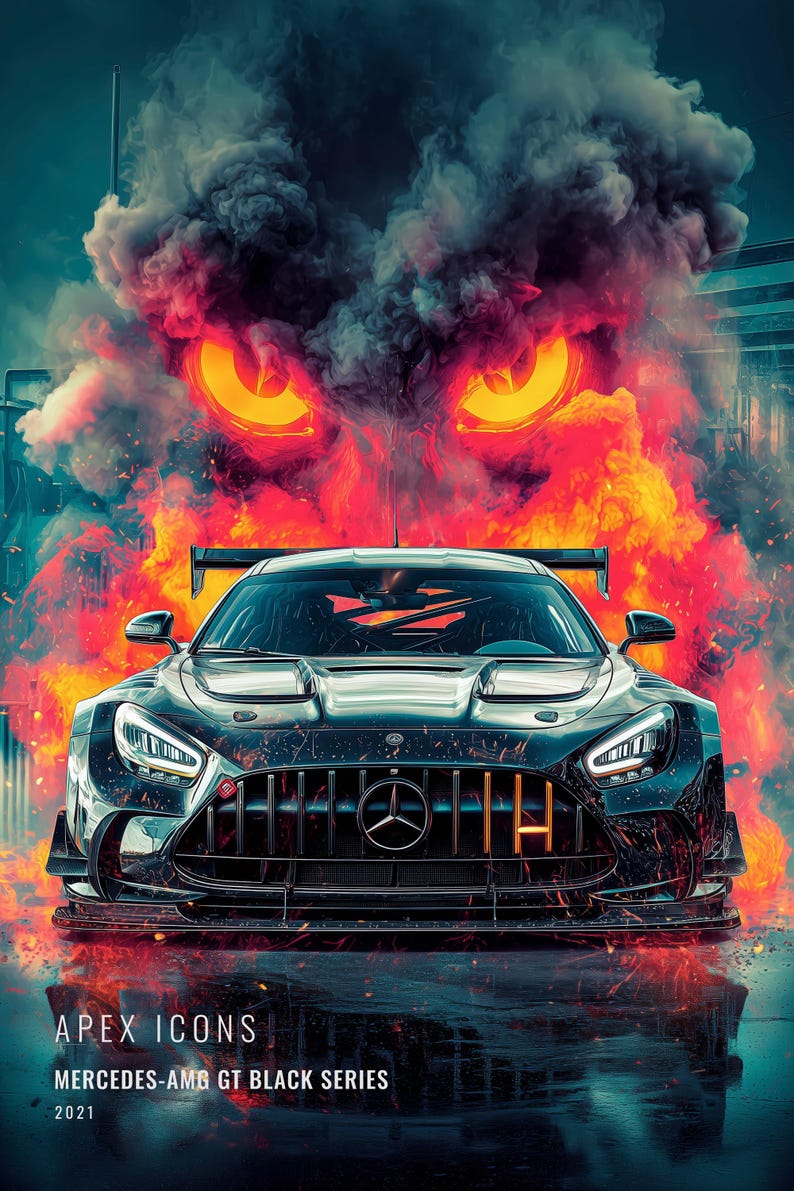 May include: A black Mercedes-AMG GT Black Series sports car centered in front of a large, fiery explosion with glowing orange eyes emerging from the smoke. The text APEX ICONS, MERCEDES-AMG GT BLACK SERIES, and 2021 appear at the bottom.