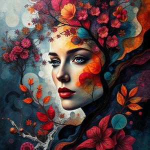 Op de afbeelding: Digitaal kunstportret van een vrouw met blauwe ogen en rode lippen, versierd met kleurrijke bloemen en bladeren. Het kunstwerk toont een mix van oranje, rood en blauw, wat een levendige en artistieke compositie creëert.