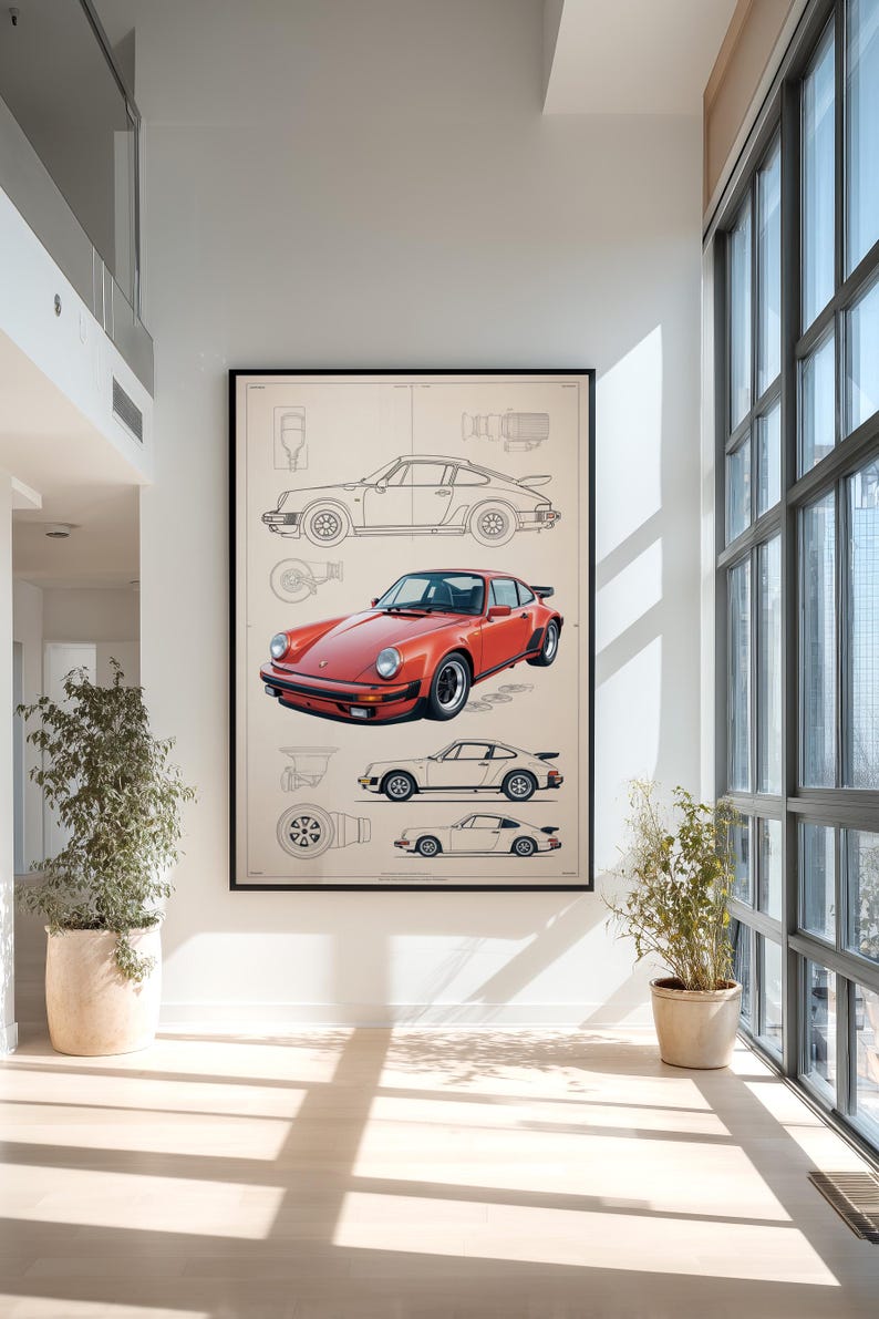 Puede incluir: Un gran cuadro enmarcado con un dise&ntilde;o de plano t&eacute;cnico de un coche deportivo. La obra muestra una ilustraci&oacute;n central de un coche rojo rodeada de dibujos de l&iacute;neas en blanco y negro del veh&iacute;culo desde varios &aacute;ngulos laterales y superiores.