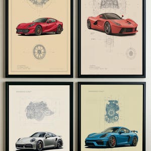 Puede incluir: Un conjunto de cuatro l&aacute;minas enmarcadas tituladas Engineering Icons, cada una con un plano t&eacute;cnico detallado de un motor de coche sobre una ilustraci&oacute;n realista de un deportivo rojo, plateado o azul, sobre un fondo de color neutro.