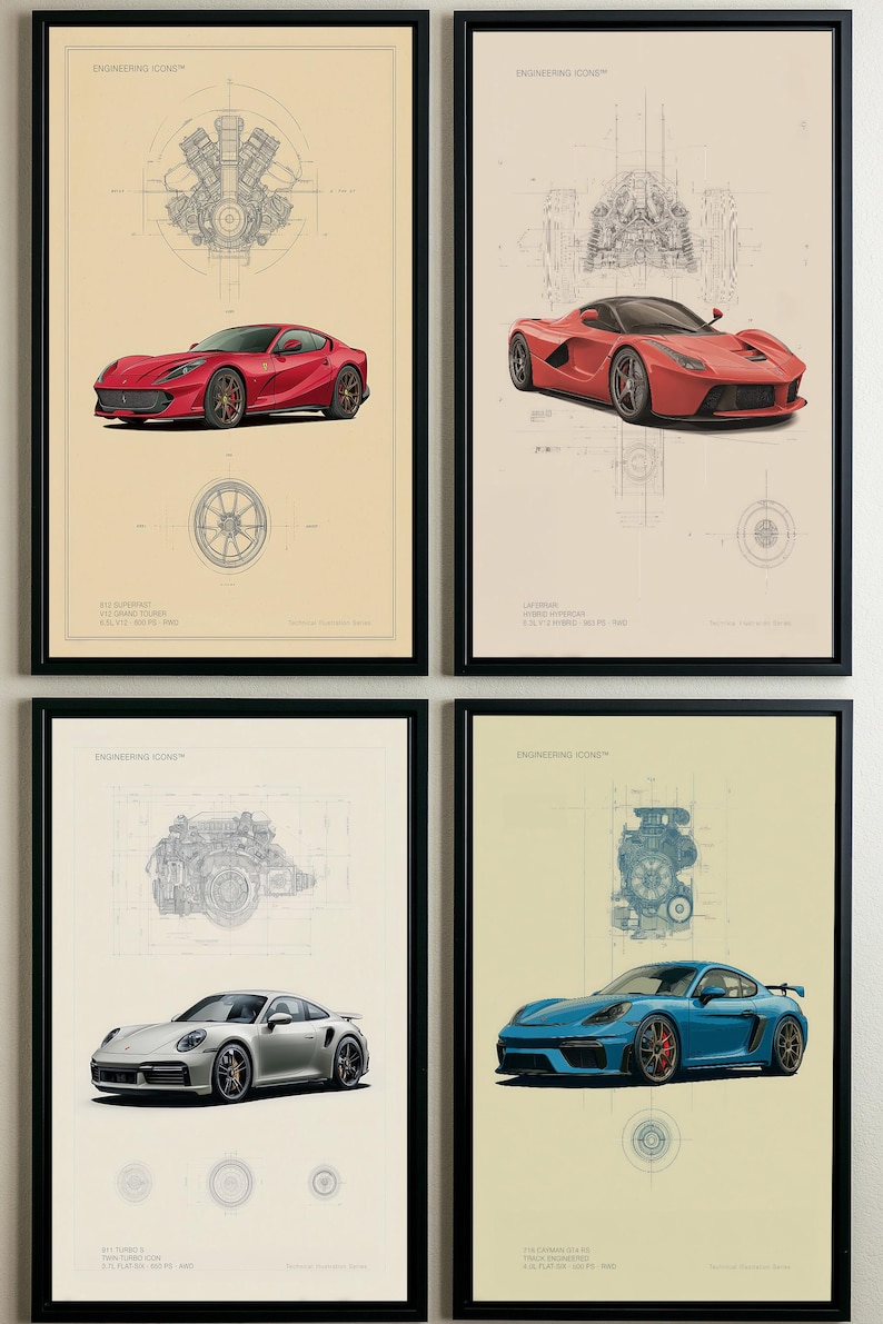 Puede incluir: Un conjunto de cuatro l&aacute;minas enmarcadas tituladas Engineering Icons, cada una con un plano t&eacute;cnico detallado de un motor de coche sobre una ilustraci&oacute;n realista de un deportivo rojo, plateado o azul, sobre un fondo de color neutro.
