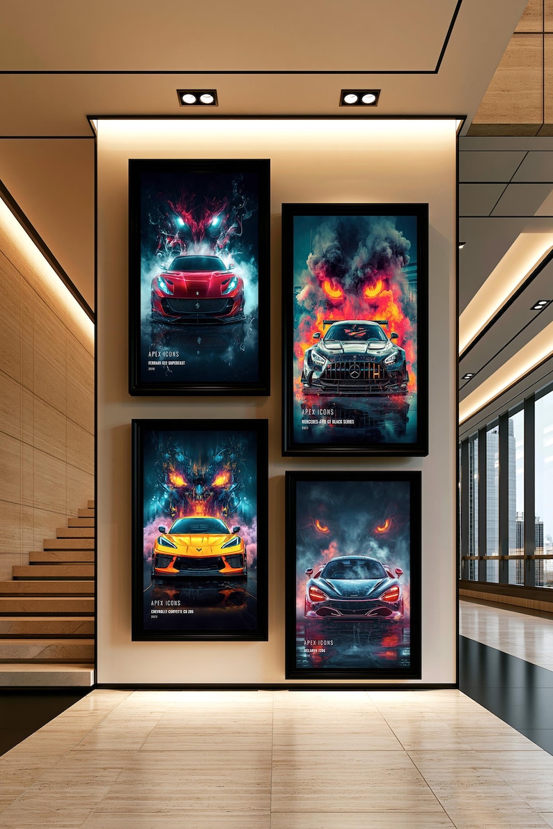 May include: Four framed vertical wall art prints titled Apex Icons, each featuring a high-performance sports car in red, black, yellow, or blue, set against a dark, fiery, and smoky background with glowing eyes, displayed on a light-colored wall.