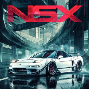 May include: A white Honda NSX NA1 sports car with wide fenders and red wheels parked on a wet asphalt road under a concrete overpass. The poster features the text TOKYO DIVISION, NSX in large red letters, and HONDA NSX NA1 C30A V6 VTEC.