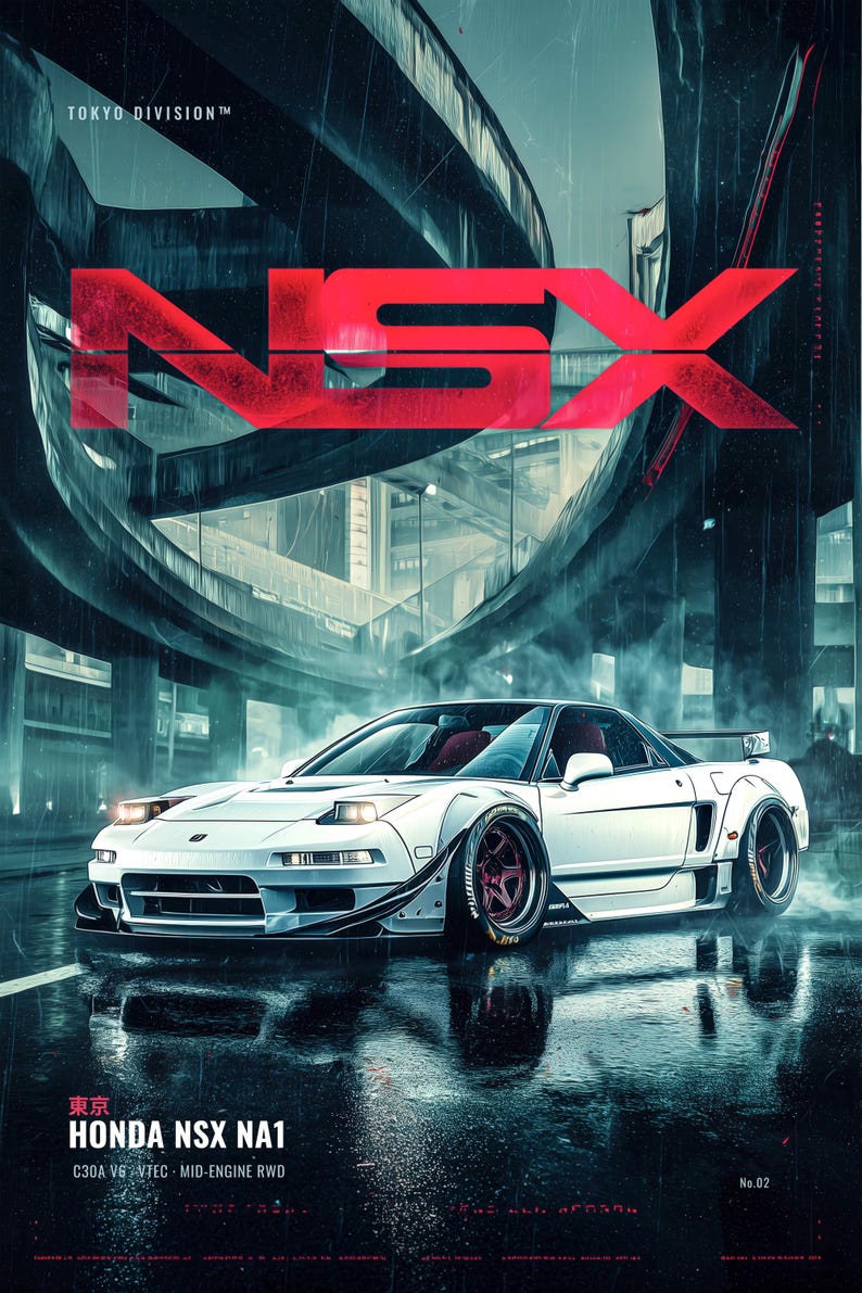 May include: A white Honda NSX NA1 sports car with wide fenders and red wheels parked on a wet asphalt road under a concrete overpass. The poster features the text TOKYO DIVISION, NSX in large red letters, and HONDA NSX NA1 C30A V6 VTEC.