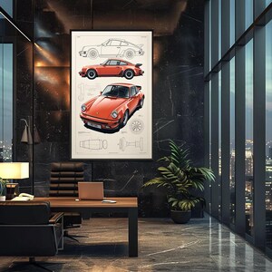 May include: A framed wall art print featuring technical illustrations of a sports car. The print displays a side-profile line drawing, a side-profile color rendering, and a front-angle color rendering of an orange sports car with technical diagrams.