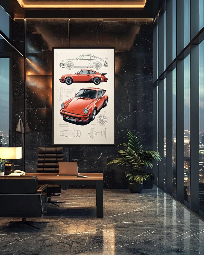 May include: A framed wall art print featuring technical illustrations of a sports car. The print displays a side-profile line drawing, a side-profile color rendering, and a front-angle color rendering of an orange sports car with technical diagrams.