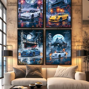 May include: Four framed vertical posters displayed on a wall, each featuring a different sports car under a full moon. The prints include the text Last Crossing, After Hours, Night Wash, and Last Fuel, showcasing automotive scenes with dark, moody lighting.