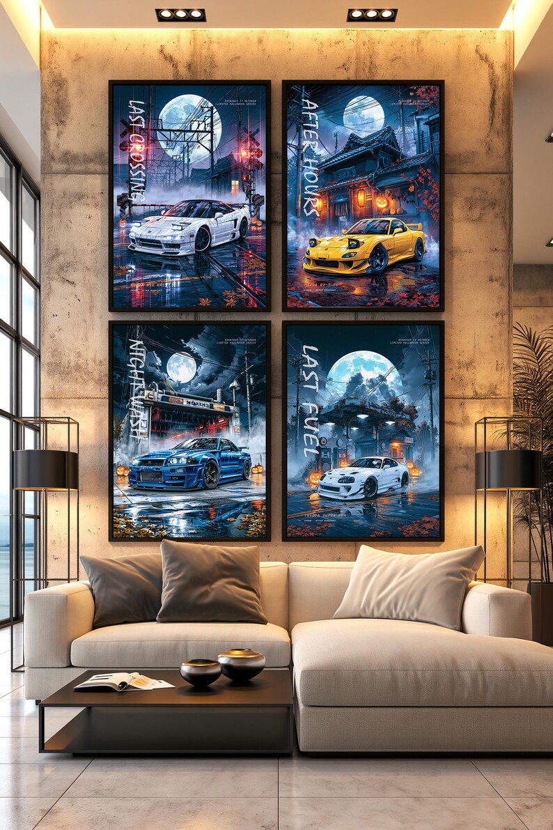 May include: Four framed vertical posters displayed on a wall, each featuring a different sports car under a full moon. The prints include the text Last Crossing, After Hours, Night Wash, and Last Fuel, showcasing automotive scenes with dark, moody lighting.