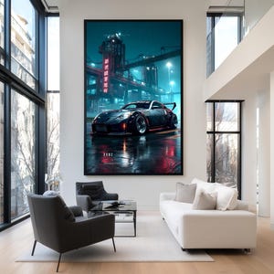 May include: A large rectangular wall art print featuring a black sports car parked on a wet street at night. The background shows industrial structures with glowing red Japanese text and teal lighting. The text 350Z is printed at the bottom.