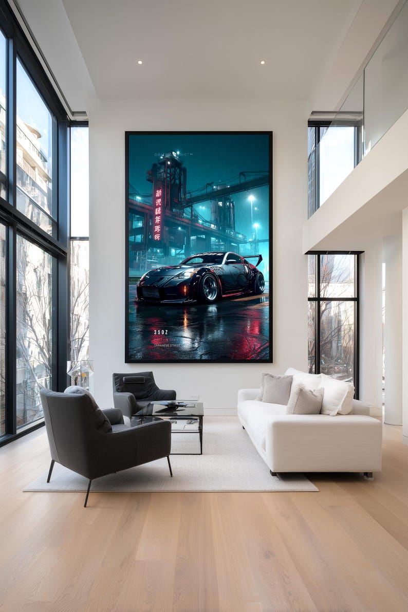 May include: A large rectangular wall art print featuring a black sports car parked on a wet street at night. The background shows industrial structures with glowing red Japanese text and teal lighting. The text 350Z is printed at the bottom.