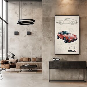 May include: A rectangular wall art print featuring a technical line drawing of a Porsche 911 at the top, a detailed red Porsche 911 sports car in the center, and smaller schematic diagrams of the car and its components at the bottom on a light background.