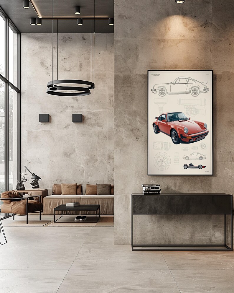May include: A rectangular wall art print featuring a technical line drawing of a Porsche 911 at the top, a detailed red Porsche 911 sports car in the center, and smaller schematic diagrams of the car and its components at the bottom on a light background.