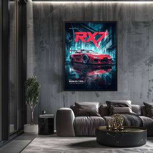 May include: A rectangular wall poster featuring a red Mazda RX-7 FD3S sports car parked in a dark, neon-lit urban street setting. The text RX7 is displayed in large red letters at the top, with MAZDA RX-7 FD3S printed in white at the bottom.