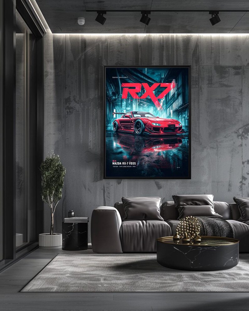 May include: A rectangular wall poster featuring a red Mazda RX-7 FD3S sports car parked in a dark, neon-lit urban street setting. The text RX7 is displayed in large red letters at the top, with MAZDA RX-7 FD3S printed in white at the bottom.