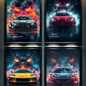 May include: Four framed wall art prints titled Apex Icons featuring a Mercedes-AMG GT Black Series, Ferrari 812 Superfast, Chevrolet Corvette C8 Z06, and McLaren 720S. Each car is depicted with stylized smoke, glowing eyes, and vibrant lighting.