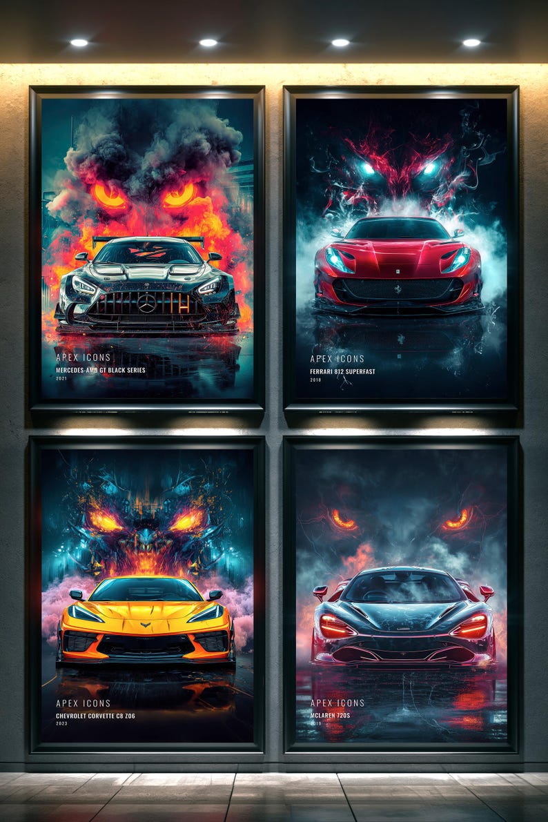 May include: Four framed wall art prints titled Apex Icons featuring a Mercedes-AMG GT Black Series, Ferrari 812 Superfast, Chevrolet Corvette C8 Z06, and McLaren 720S. Each car is depicted with stylized smoke, glowing eyes, and vibrant lighting.