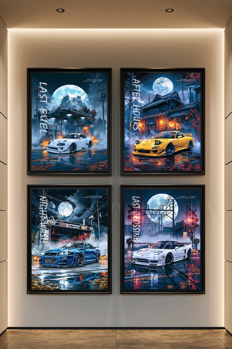 May include: Four framed vertical posters featuring sports cars under a full moon. The top left shows a white car labelled LAST FUEL, top right a yellow car labelled AFTER HOURS, bottom left a blue car labelled NIGHT WASH, and bottom right a white car labelled LAST CROSSING.