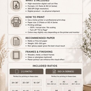 Puede incluir: Una gu&iacute;a de impresi&oacute;n beige para arte mural digital. Enumera formatos de archivo, instrucciones de impresi&oacute;n, recomendaciones de papel y opciones de marcos. Una tabla muestra las proporciones 2:3 y los tama&ntilde;os ISO serie A en cm.